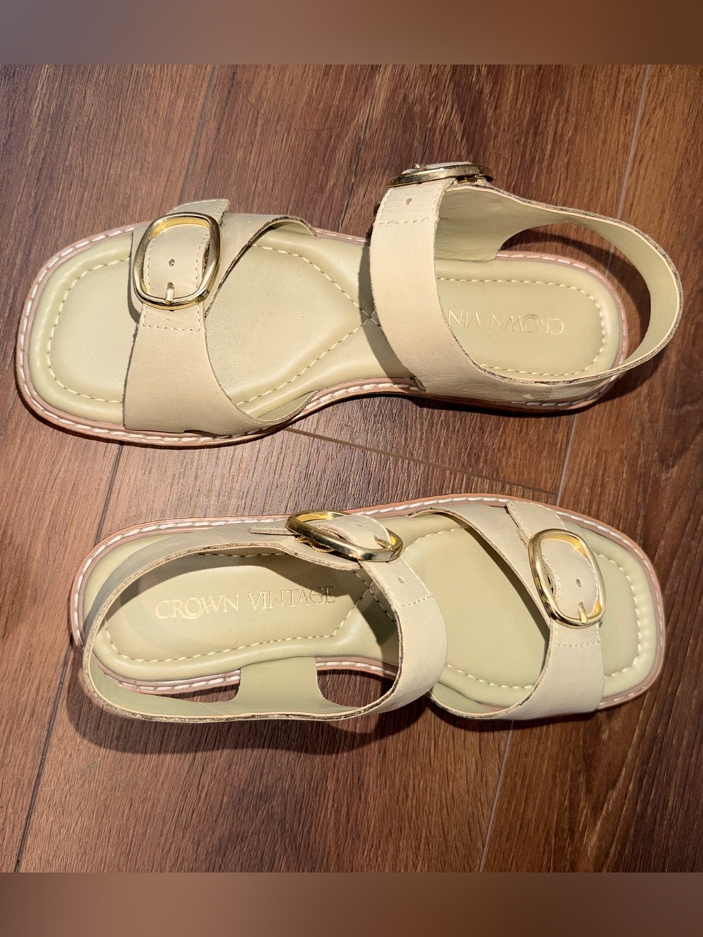 Crown Vintage Sage green and gold Double-Buckle Slingback Sandals